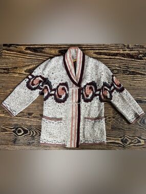 Vintage Sabina Cream Shawl Collar Cardigan with Rust and Burgundy Accents